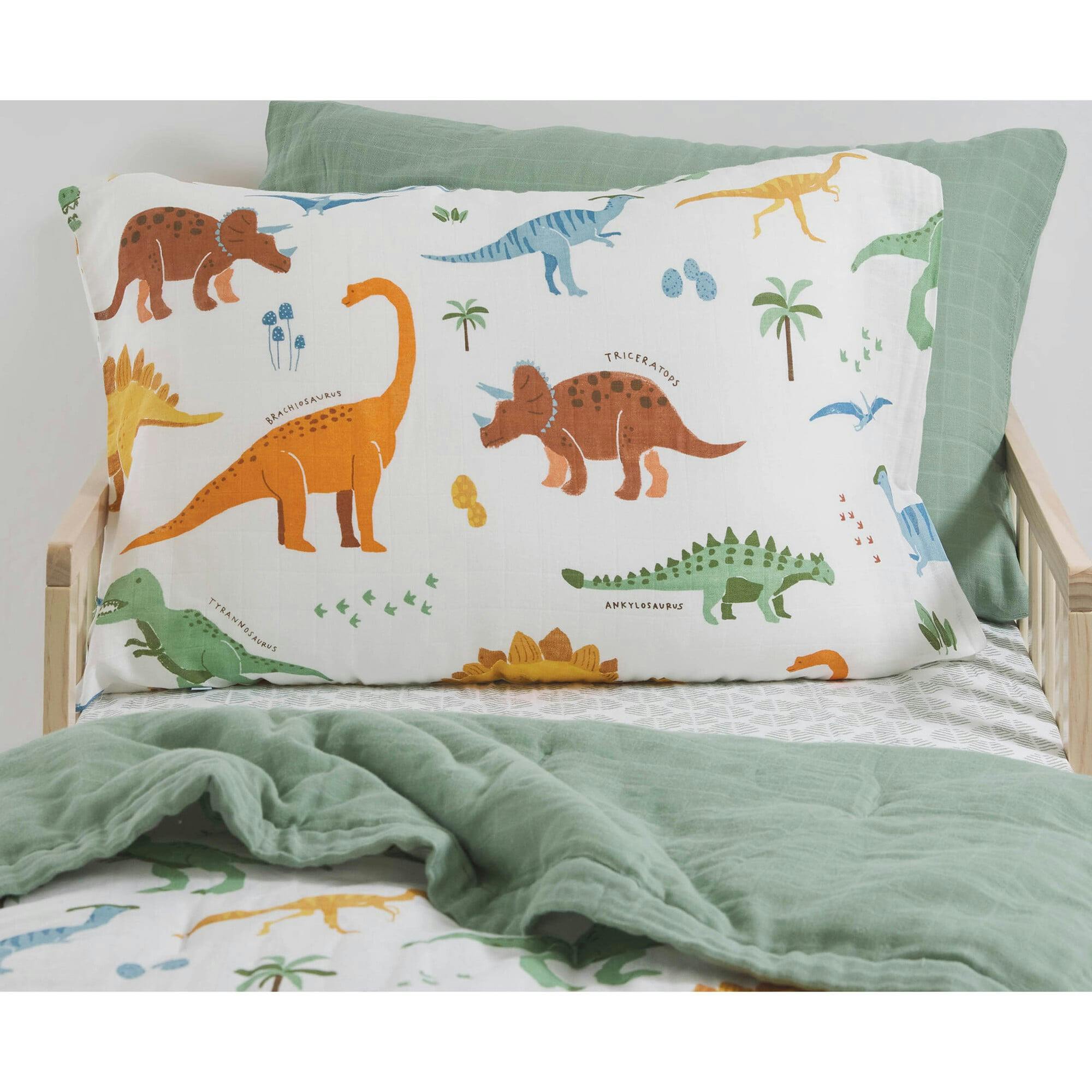Cotton Muslin Pillowcase 2 Pack - Dino Names