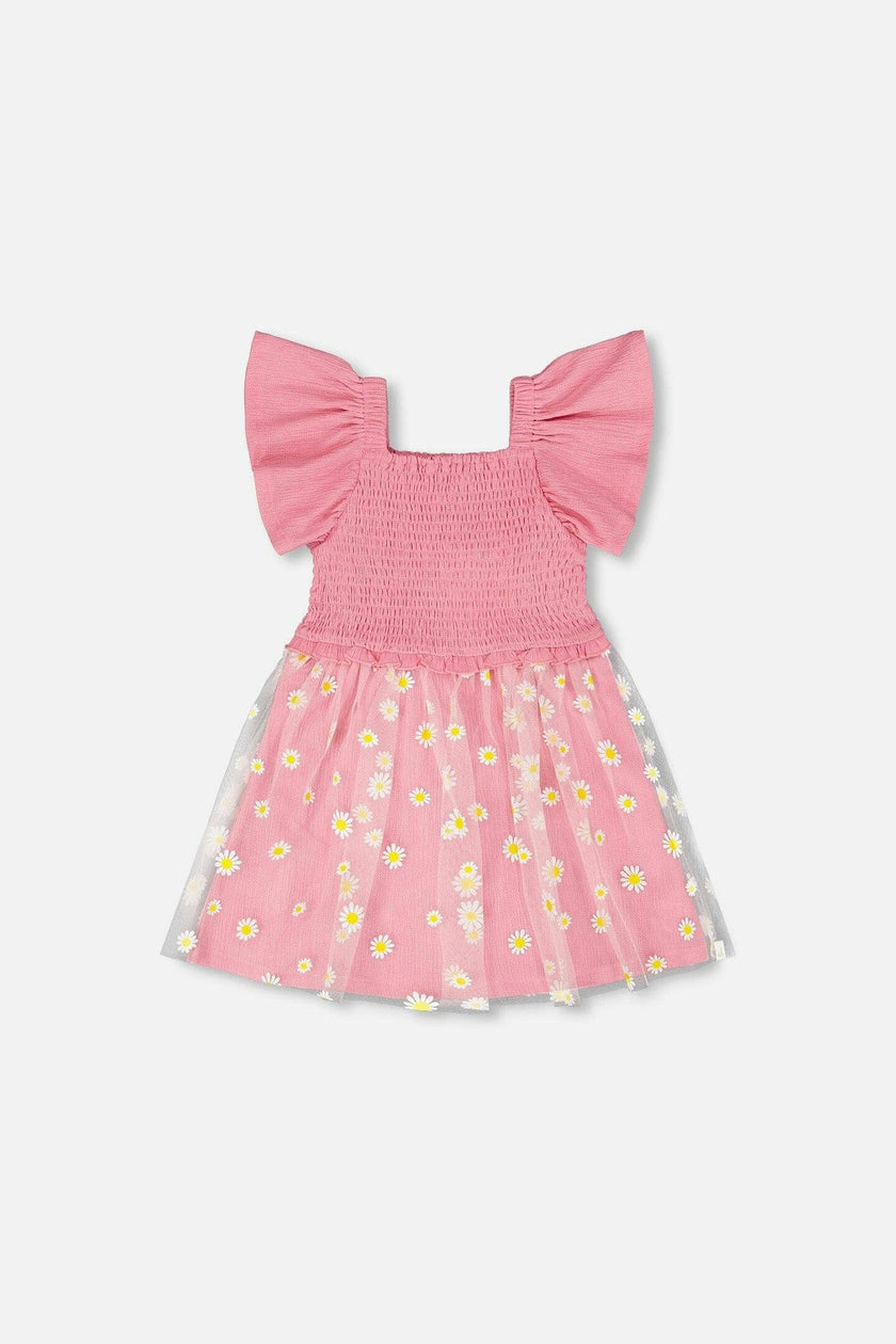 Mesh And Crinkle Jersey Dress With Smocking
