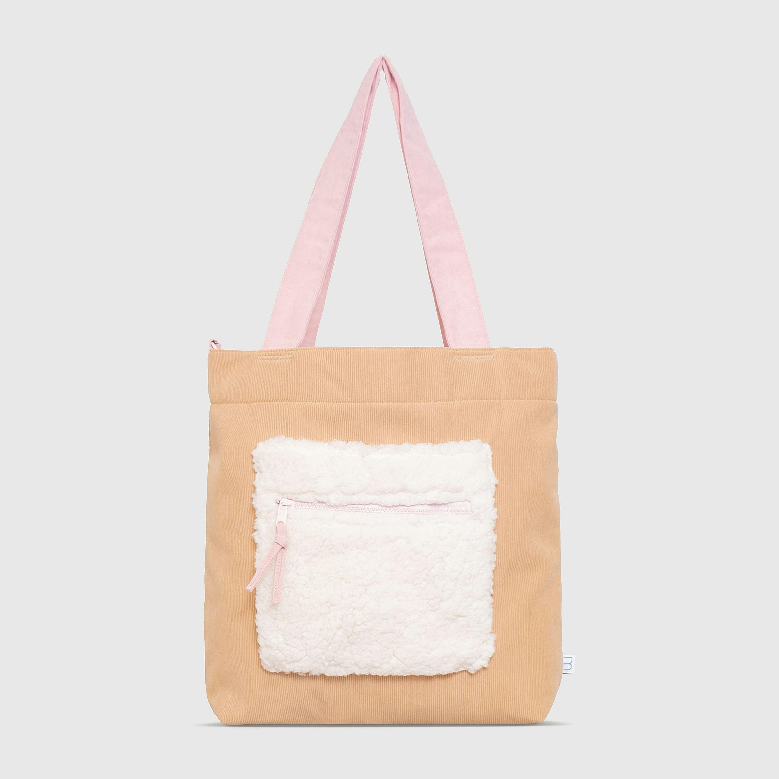 Color Block Tote – Corduroy & Sherpa Bag with Double Pockets + Cozy Coin Purse, Curry