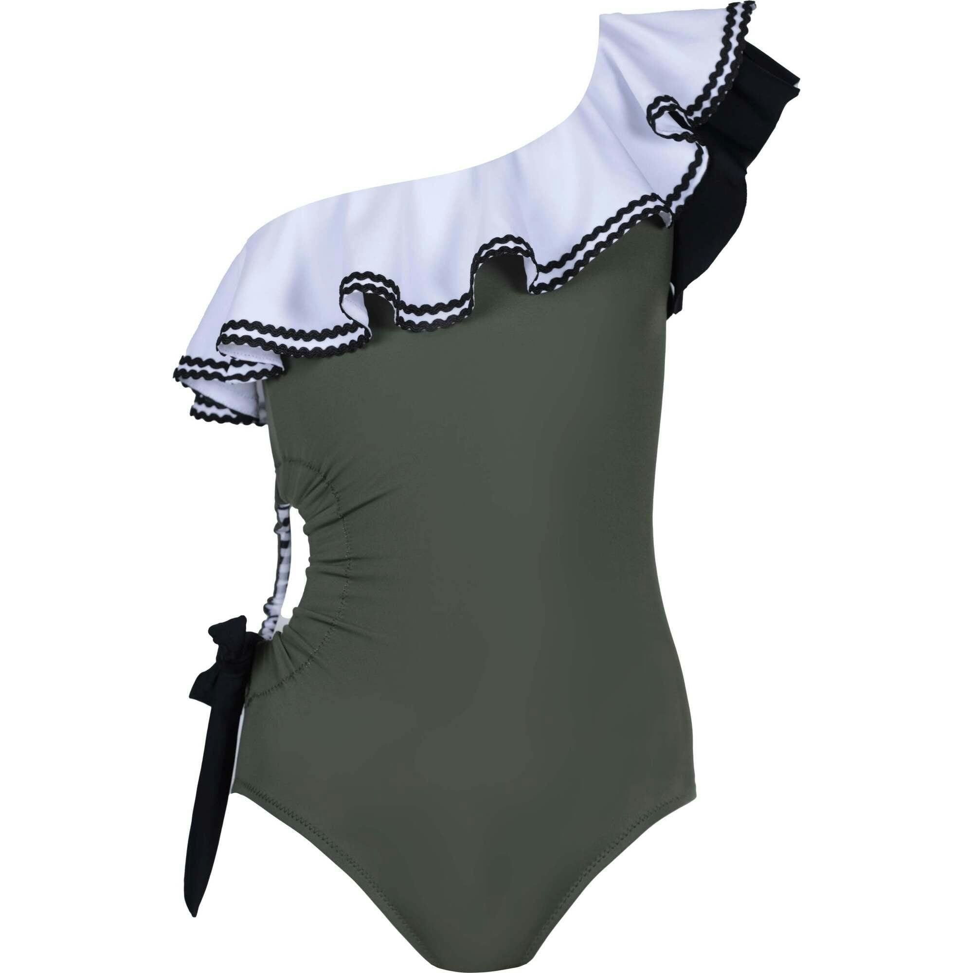 Jade Contrast Ric-Rac Ruffle One-Shoulder Cut-Out Swimsuit