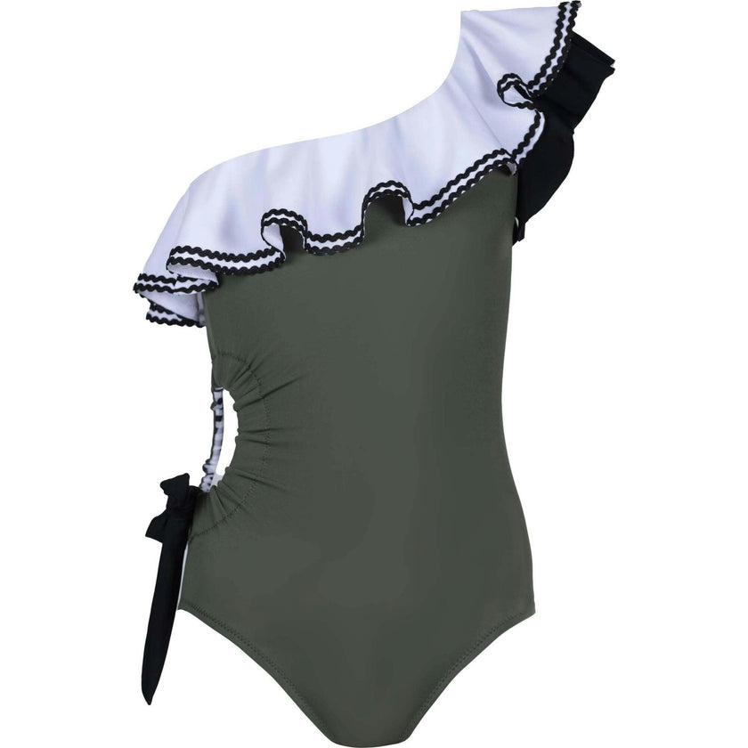 Jade Contrast Ric-Rac Ruffle One-Shoulder Cut-Out Swimsuit