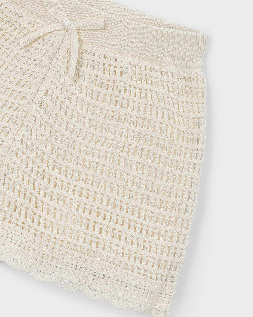 Beige Crochet Shorts With Scalloped Hem