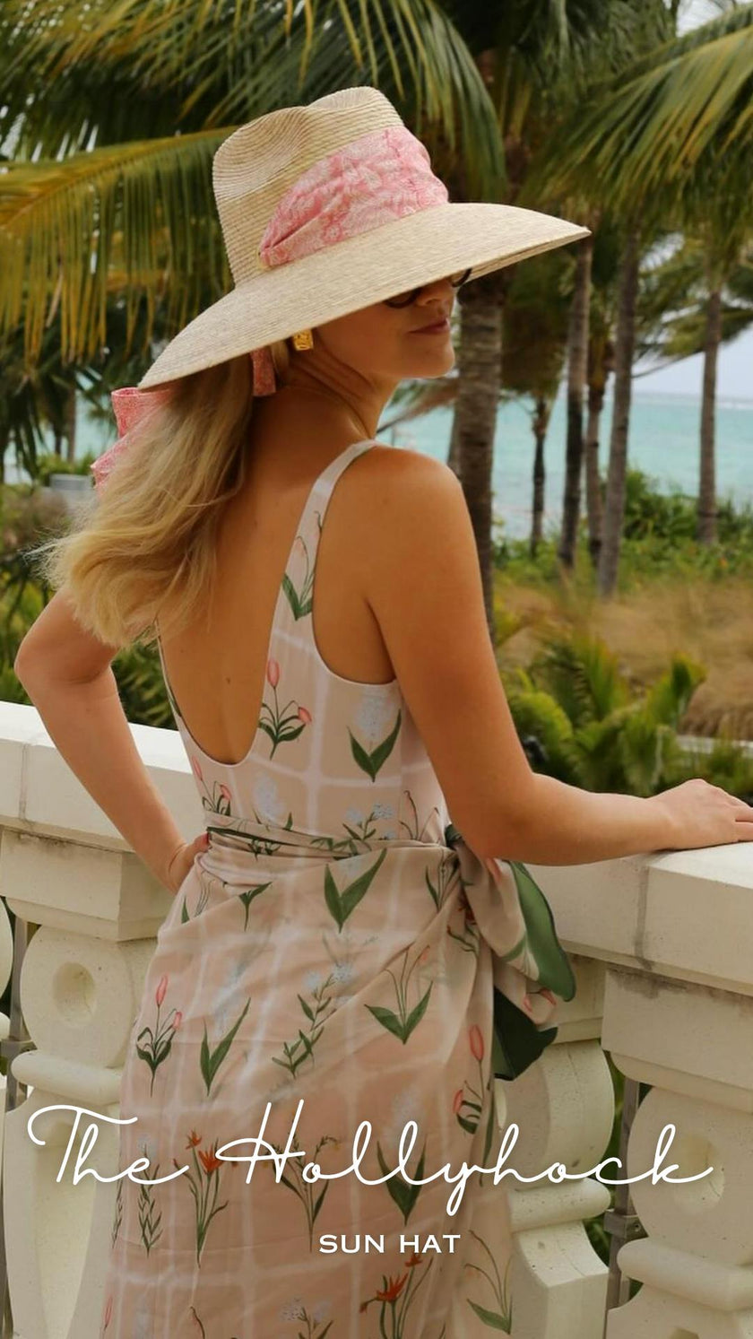Hollyhock Sun Hat -  Vintage Azure Garden Rose Long Ribbon