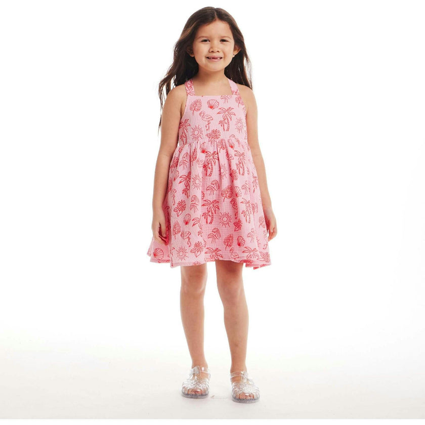 Kids Pink Tropical Icon Printed Gauze Dress