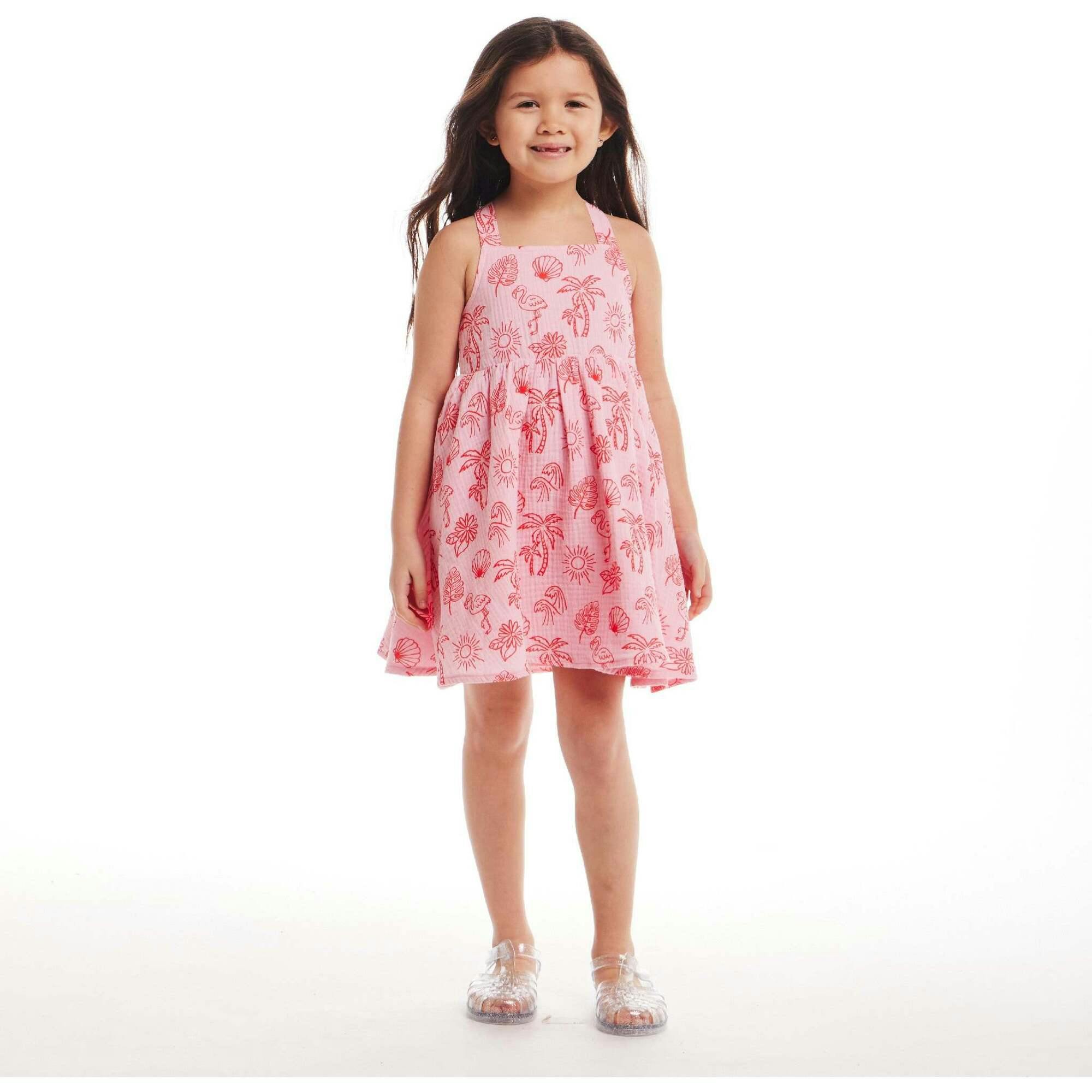 Kids Pink Tropical Icon Printed Gauze Dress