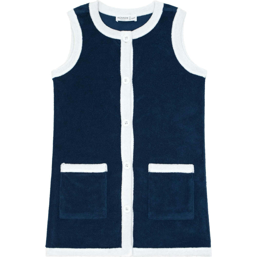 Girls Navy French Terry Sleeveless Button Down Dress