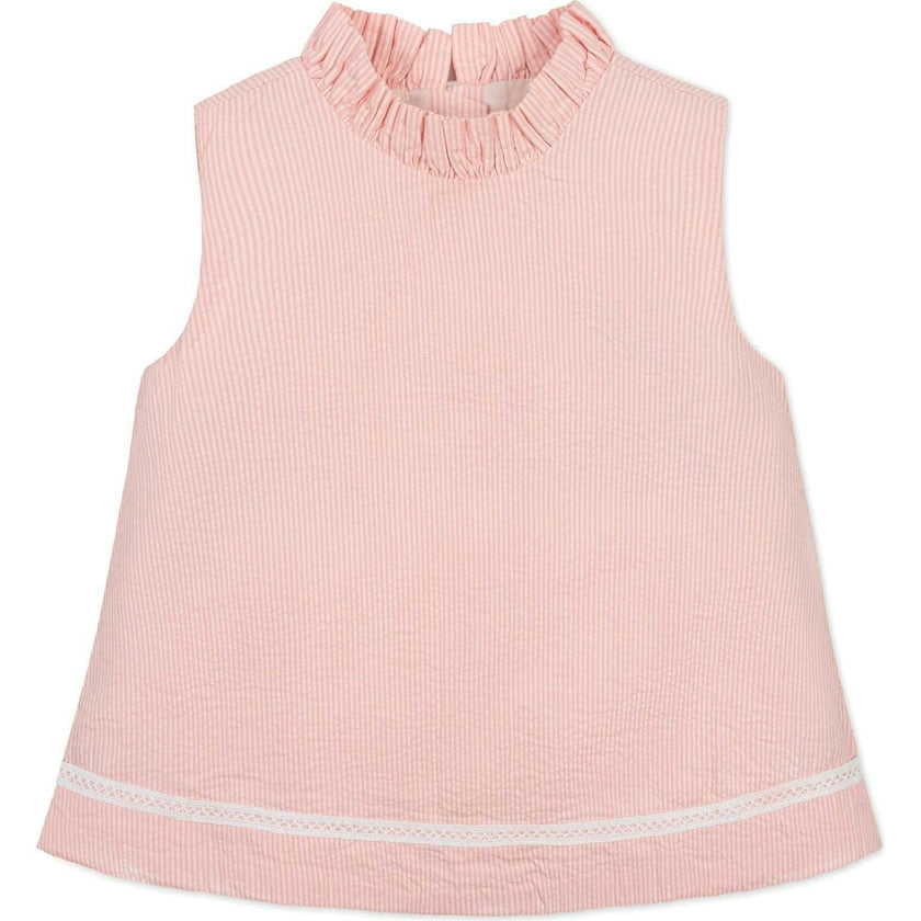 Organic Ruffle Neck Seersucker Top, Pink