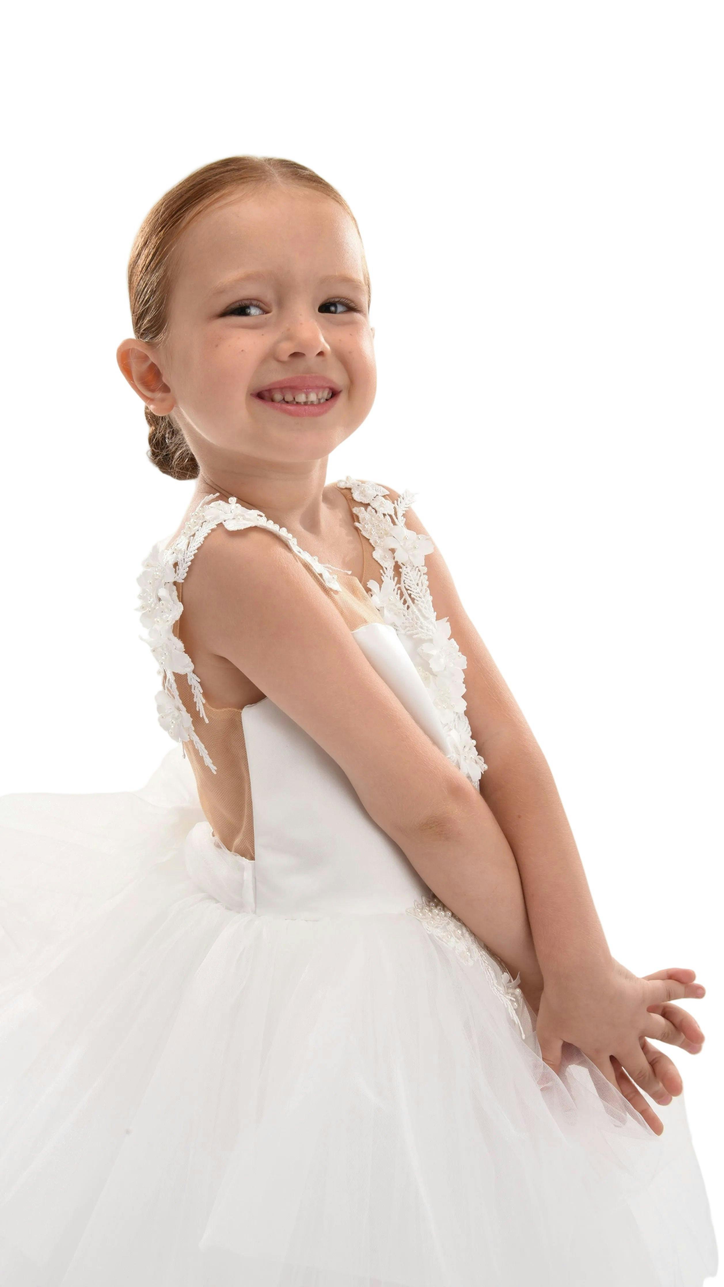 White Carnelian Floral Embroidered Tulle Dress