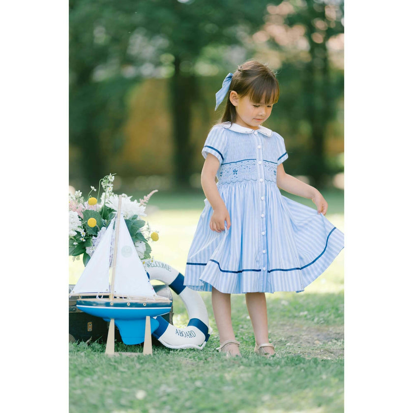 Riviera Blue Stripe Short Sleeve Smocked Dress