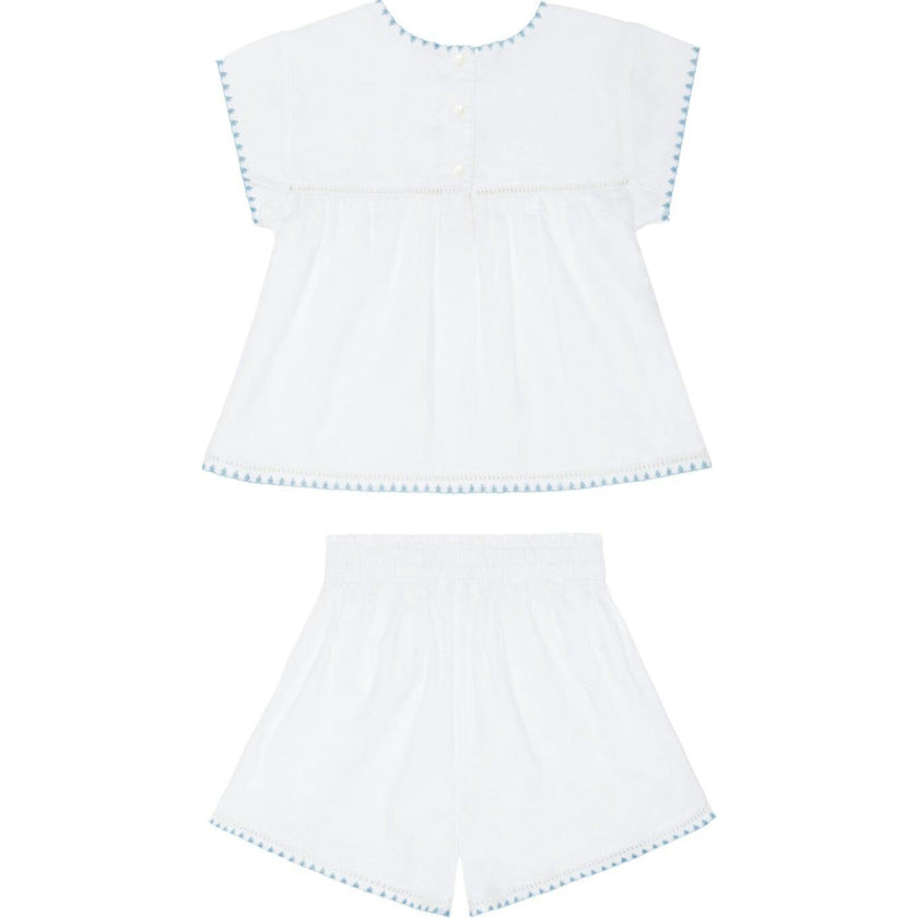 girls white embroidered cap sleeve top and short set