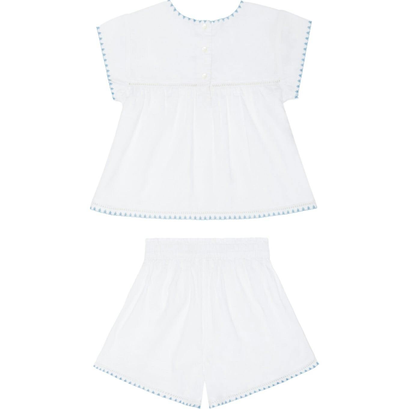 girls white embroidered cap sleeve top and short set