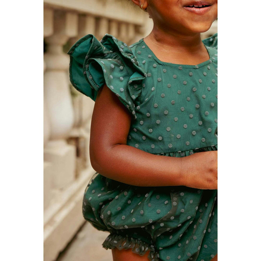 Baby Hattie Romper in Green Flocked Dot Tulle