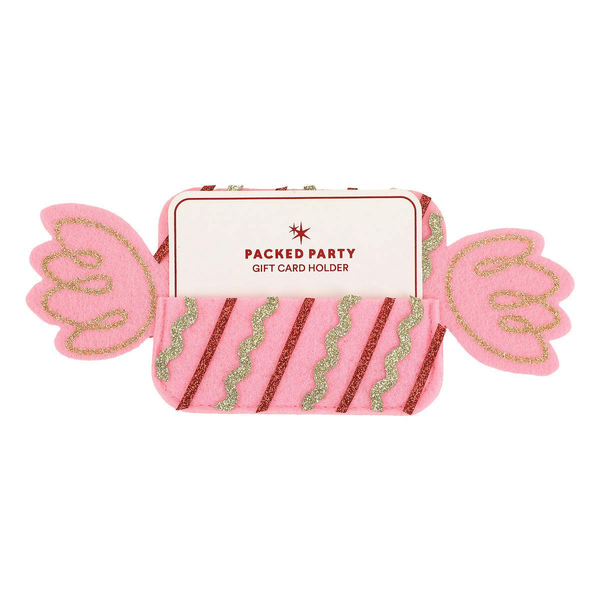Packed Party Candy Pink Felt Gift Card Holder - Wrapped Candy-Shaped Holiday Gift Card Sleeve with Gold Glitter and Green Stripes for Christmas Gifting