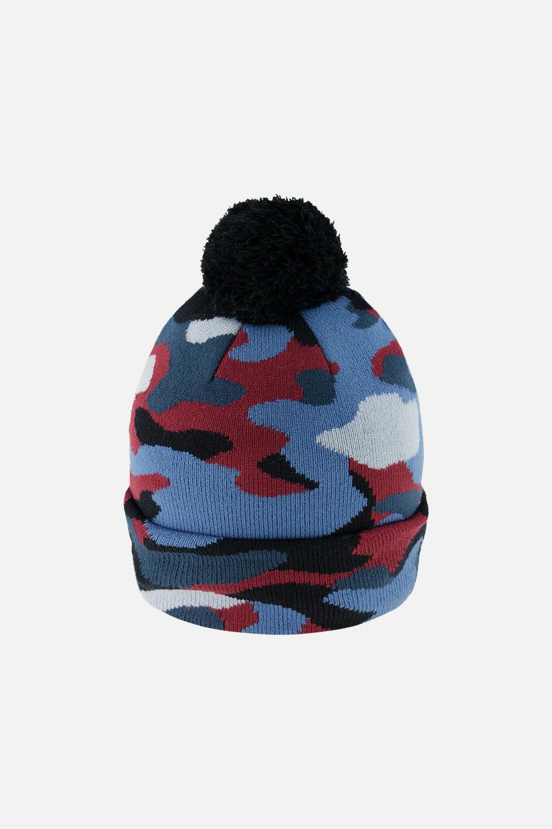 Winter Knit Hat With Pompom Blue And Red Camouflage