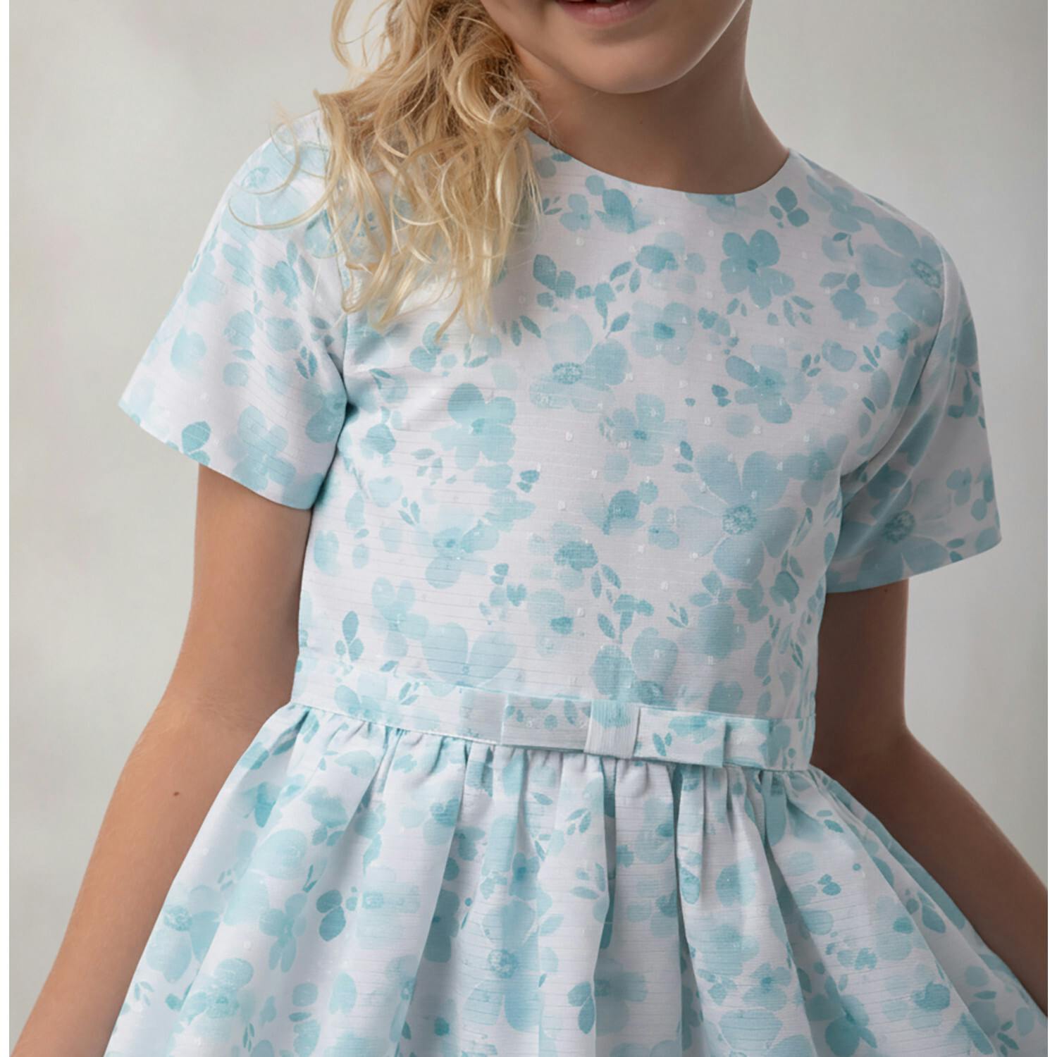 Eryna Girl Dress Short Sleeve, Aqua Flower