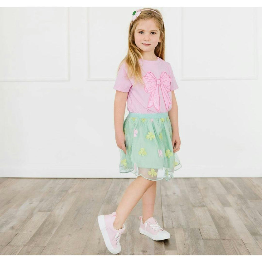 Pink Bow Sequin Patch Short Sleeve T-Shirt