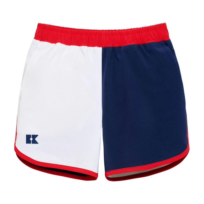 red white and navy block retro super short with red piping