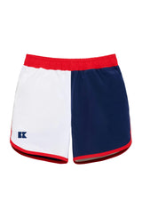 red white and navy block retro super short with red piping