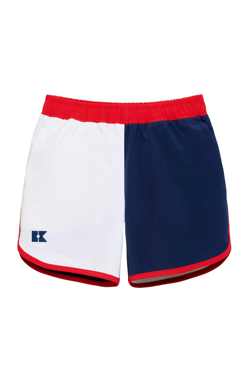 red white and navy block retro super short with red piping