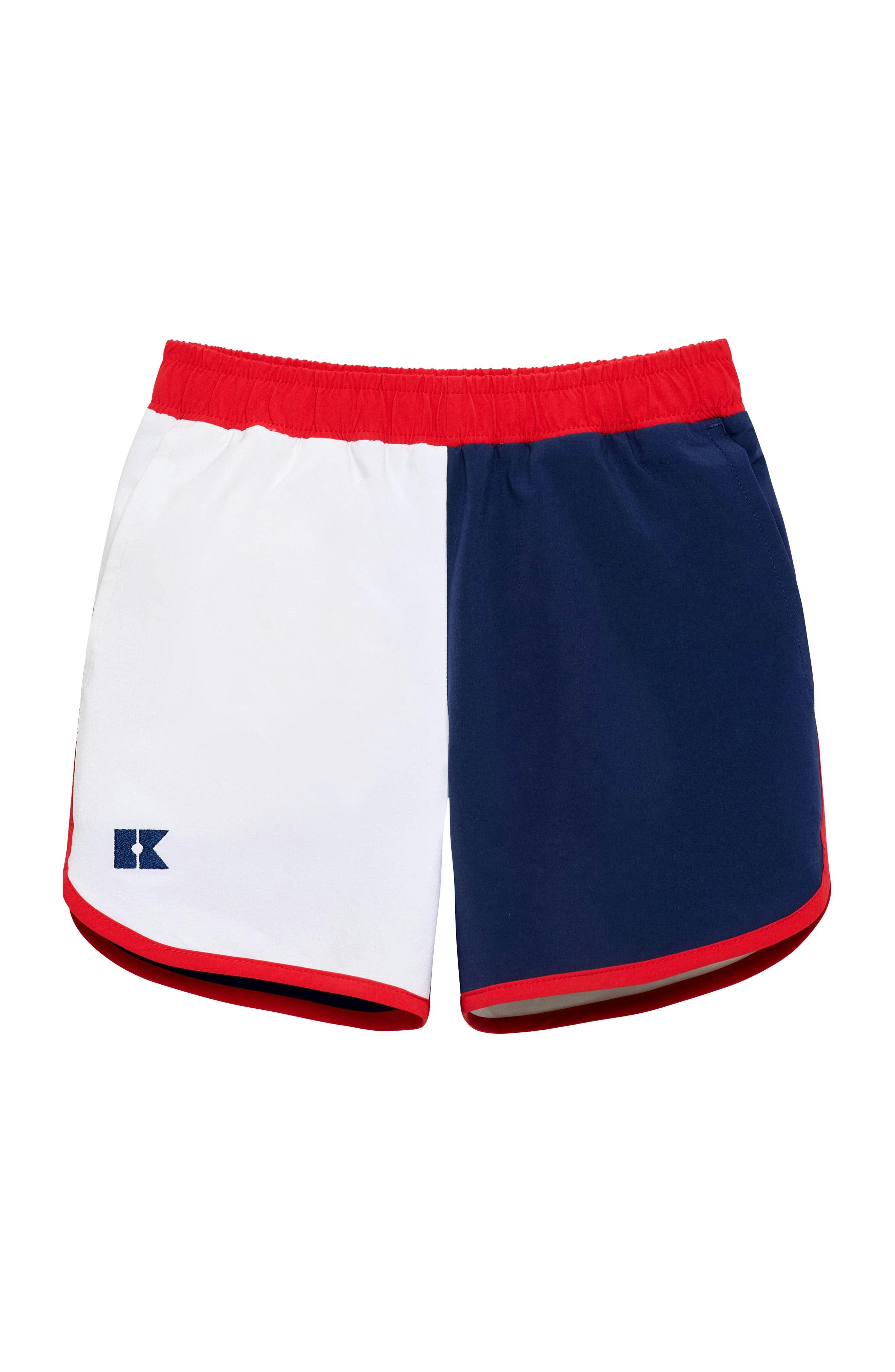 red white and navy block retro super short with red piping