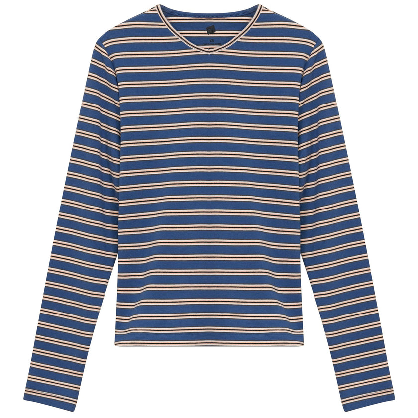 Ribbed Striped V Neck Tee With Bungee Rope