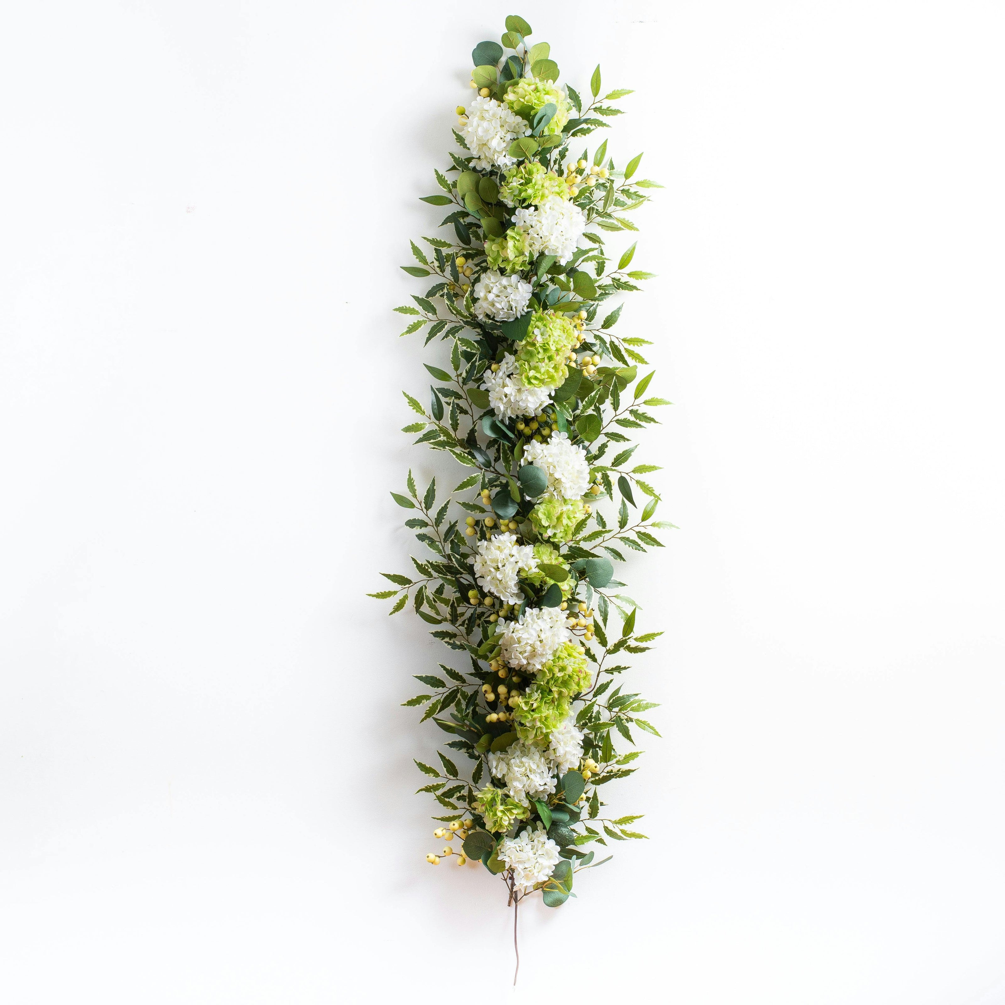 White & Green Hydrangea with Cream Berry Artificial All Seasons Greenery Mantle Garland and Table Runner