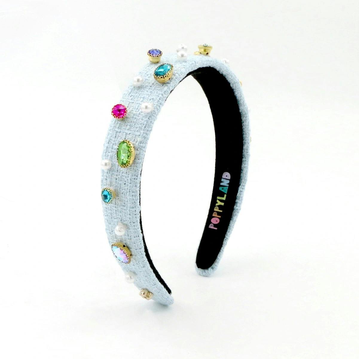 Light Blue Tweed Bejeweled Headband