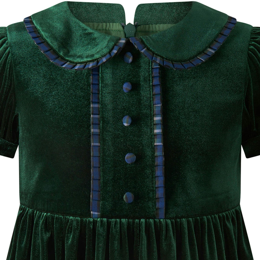 Green Velvet Tartan Trim Dress