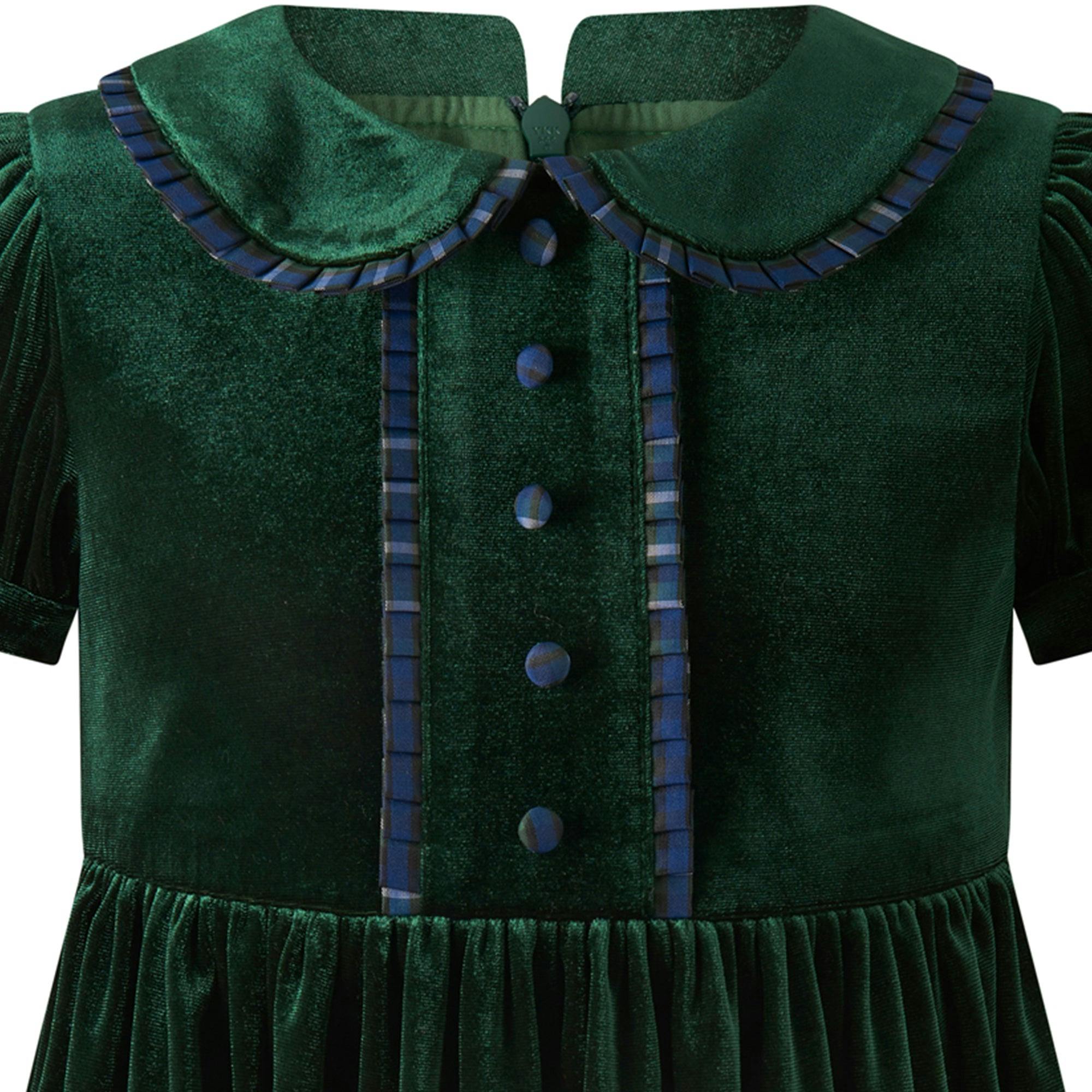 Green Velvet Tartan Trim Dress