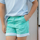 Wyatt Shorts in Gibbs Hill Green with Seaside Seersucker Cuffs