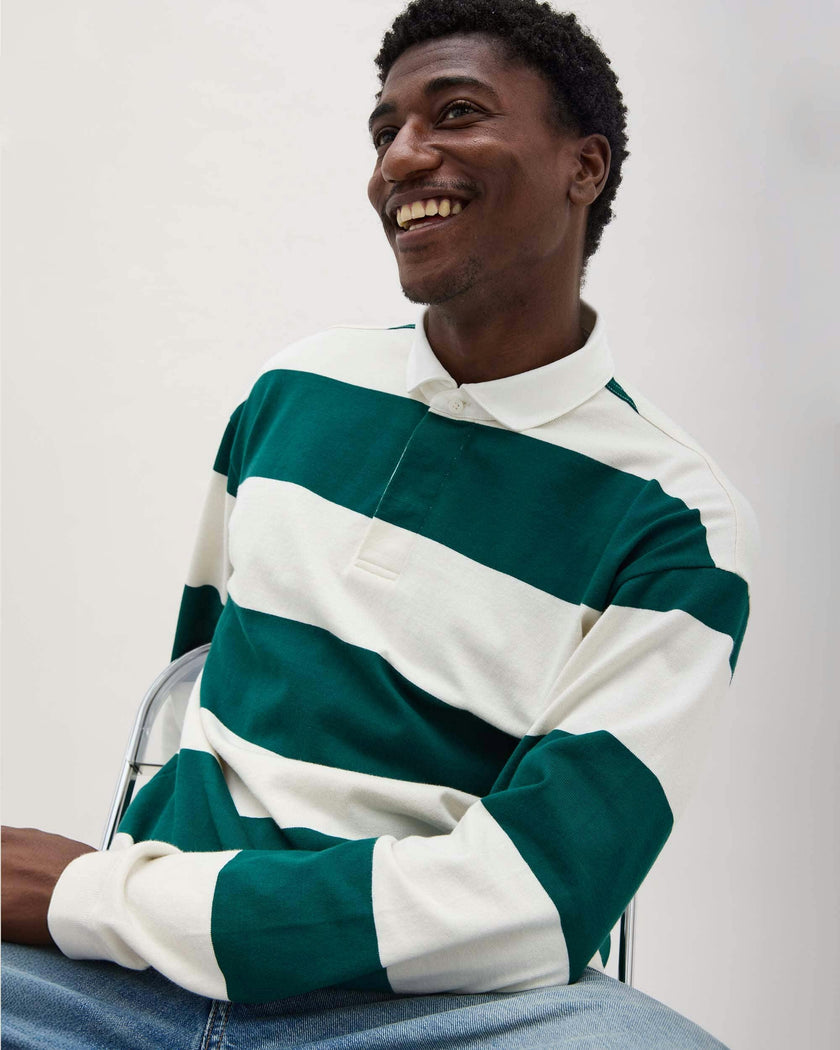 Mens Heavy Pima Rugby Polo - Pima Cotton Jersey - Rainforest Bone Stripe