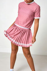 dusty pink polka dot pleated skort
