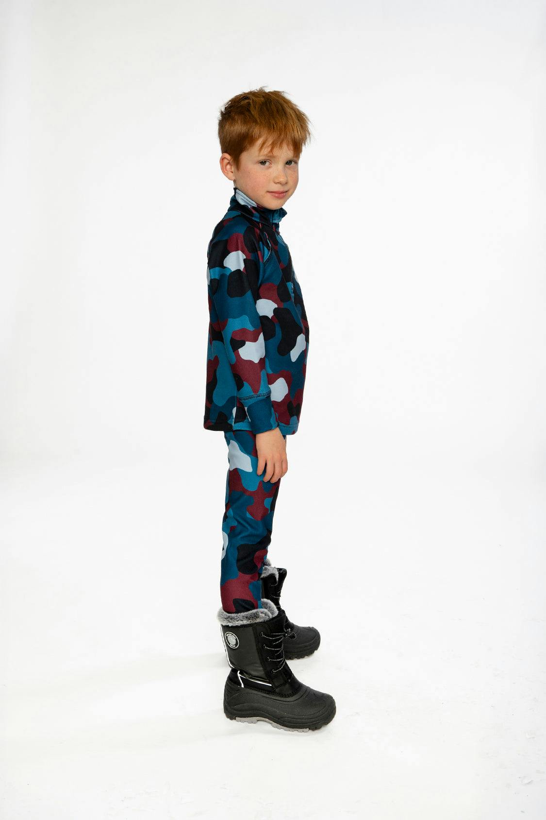 Two Piece Thermal Underwear Blue and Red Camouflage Print