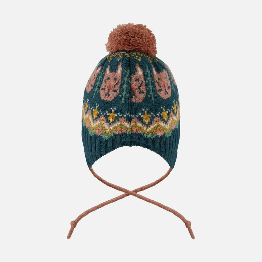 Lined Peruvian Knit Pompom Hat Green And Pink
