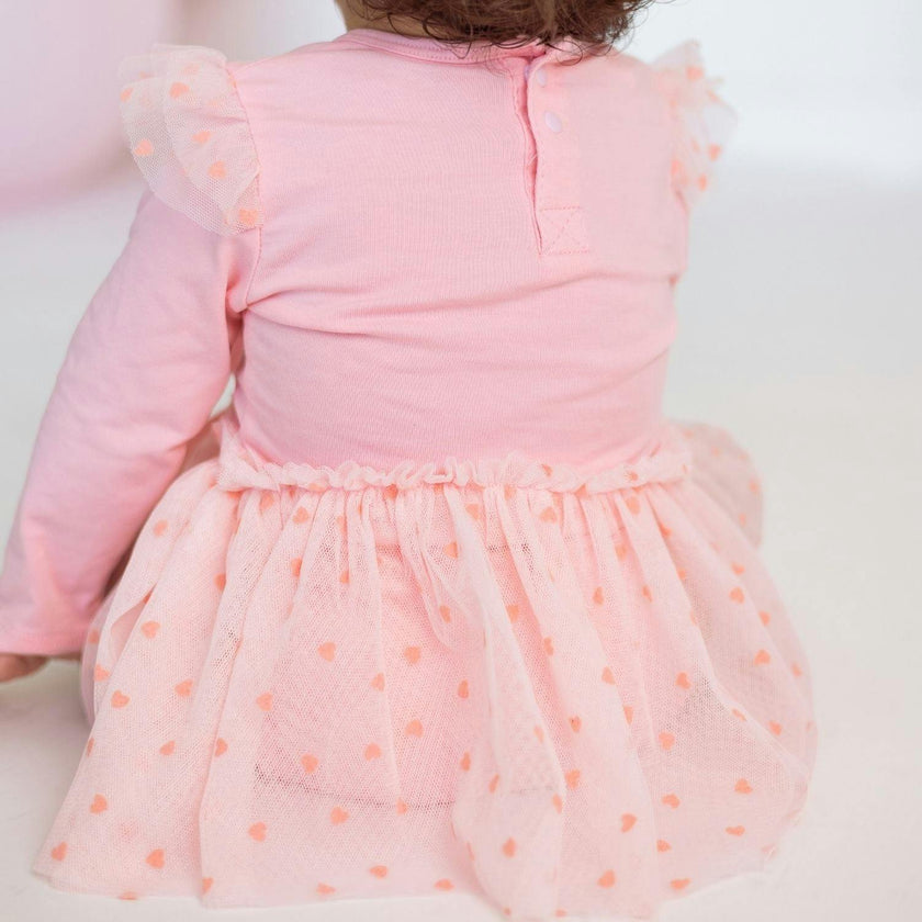 Flocked Heart Tiered Long Sleeve Tutu Bodysuit