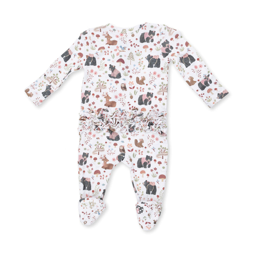 Southern Woodland Animals Pink - 2 Way Ruffle Back Zipper Footie