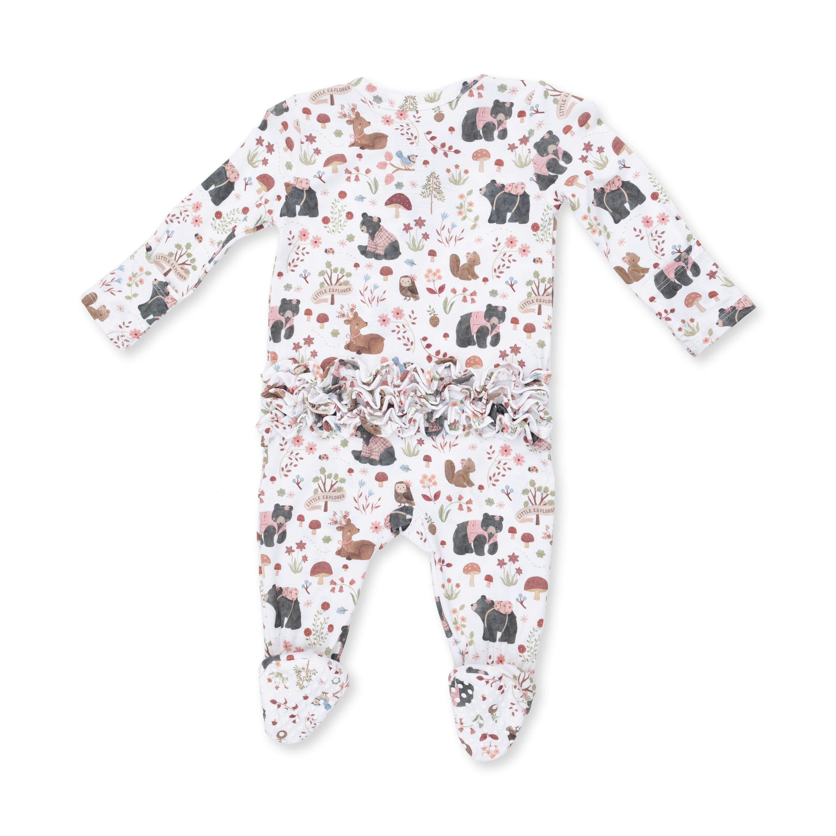 Southern Woodland Animals Pink - 2 Way Ruffle Back Zipper Footie