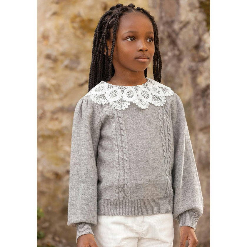 TARTINE ET CHOCOLAT Lace Collar Sweater - Gris Moyen Chiné