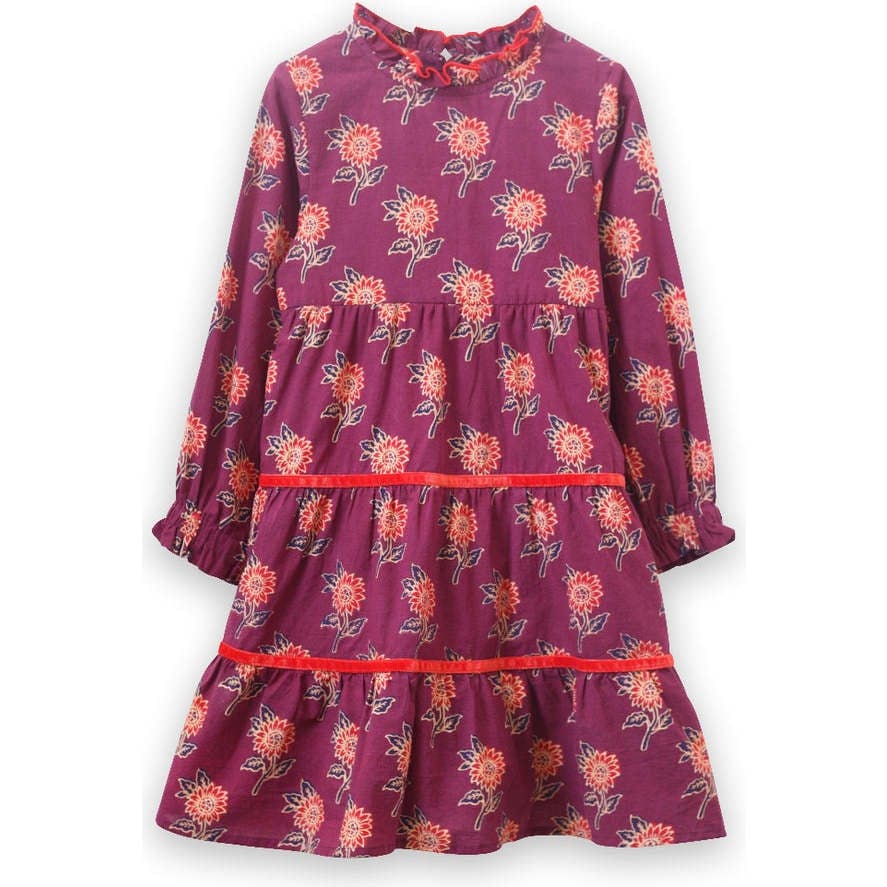 Long Sleeves Tiered Skirt Dress with Velvet Trim
