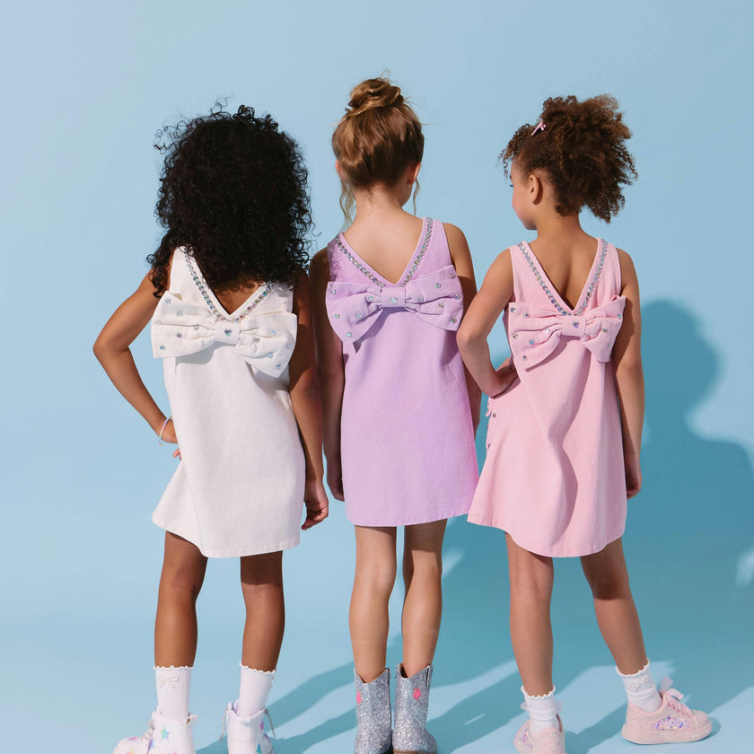Pink Crystal Heart Denim Bow Dress