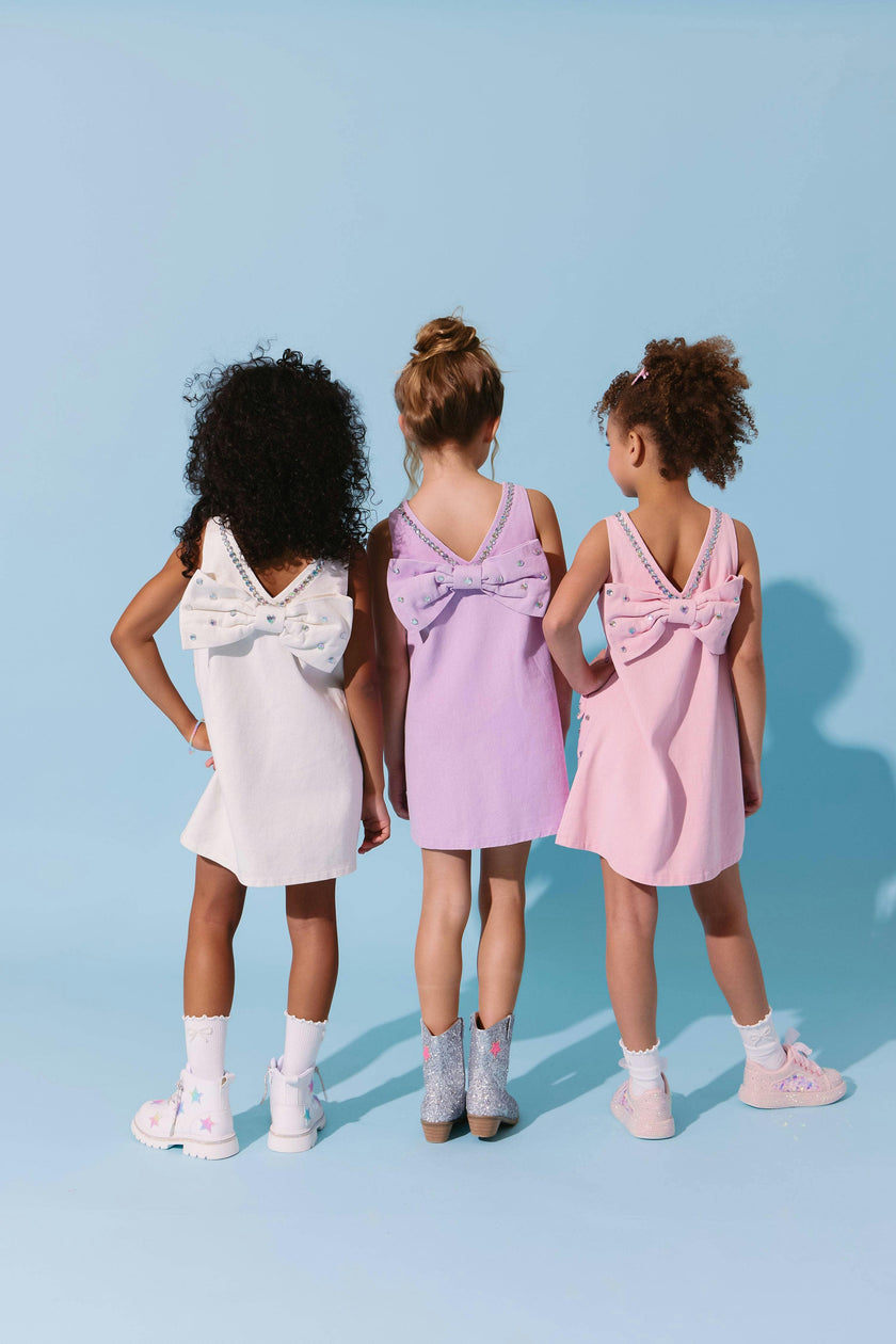 Lavender Crystal Heart Denim Bow Dress