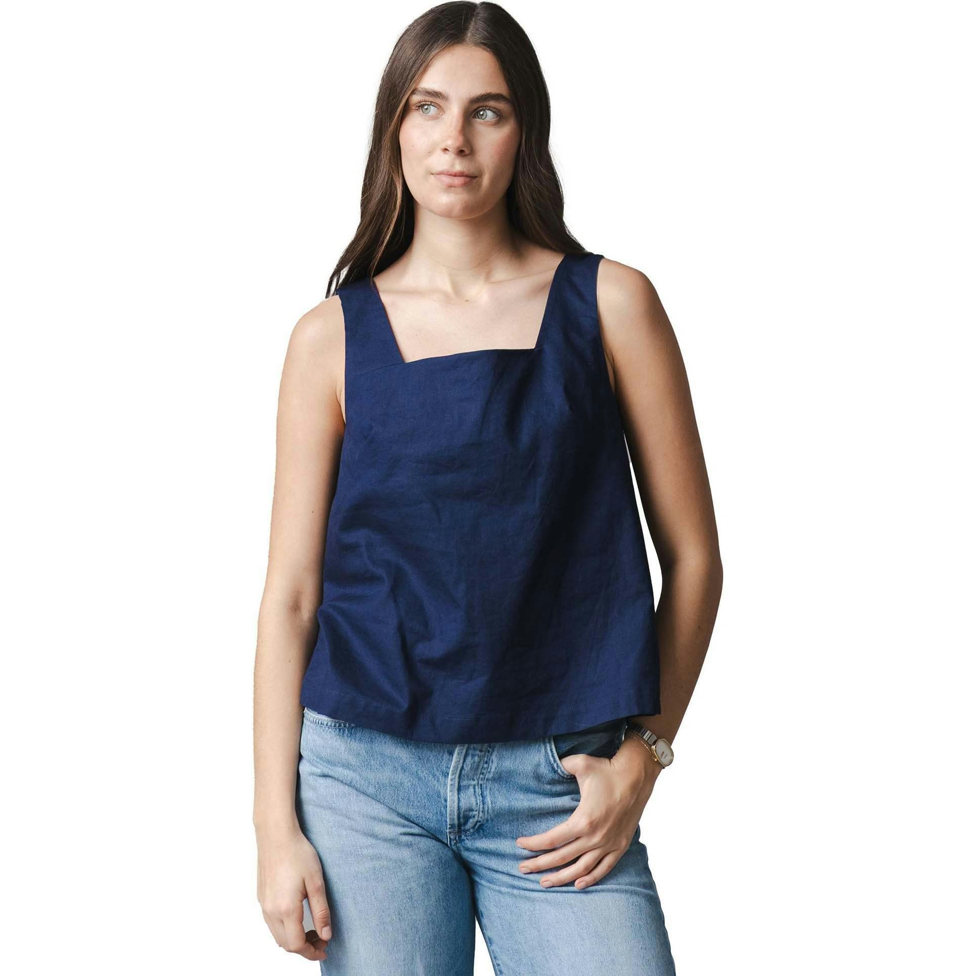 Linen Square Neck Tank, Blue