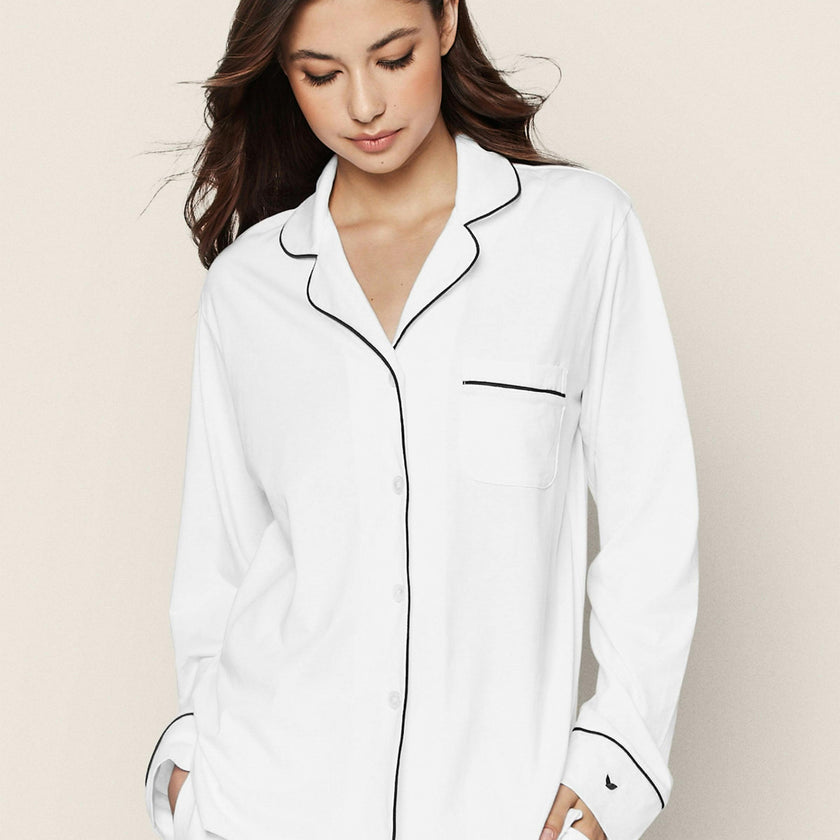 Women's Pima Pajama Set in White with Navy Piping