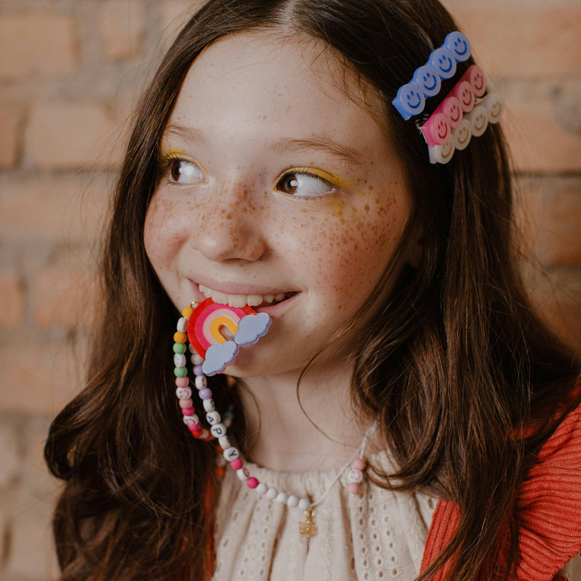 Happy Faces Satin Blue White Pink Hair Clips -BTS