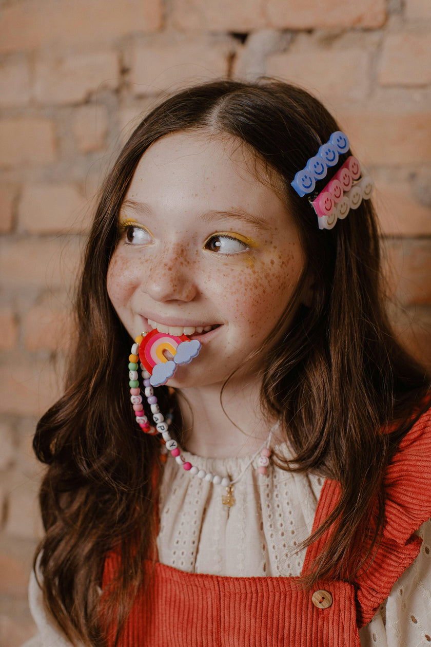Happy Faces Satin Blue White Pink Hair Clips