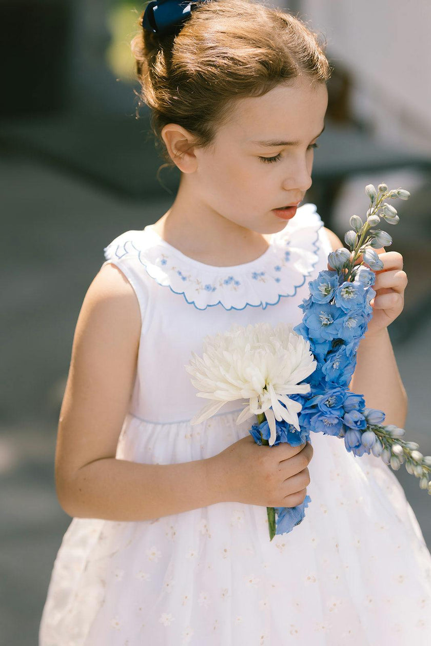 Cordelia White Linen Dress with Blue Tulle Embroidery