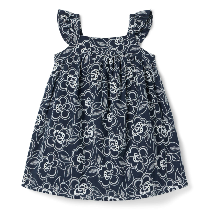 Embroidered Floral Flutter Sleeve Dress, navy blue
