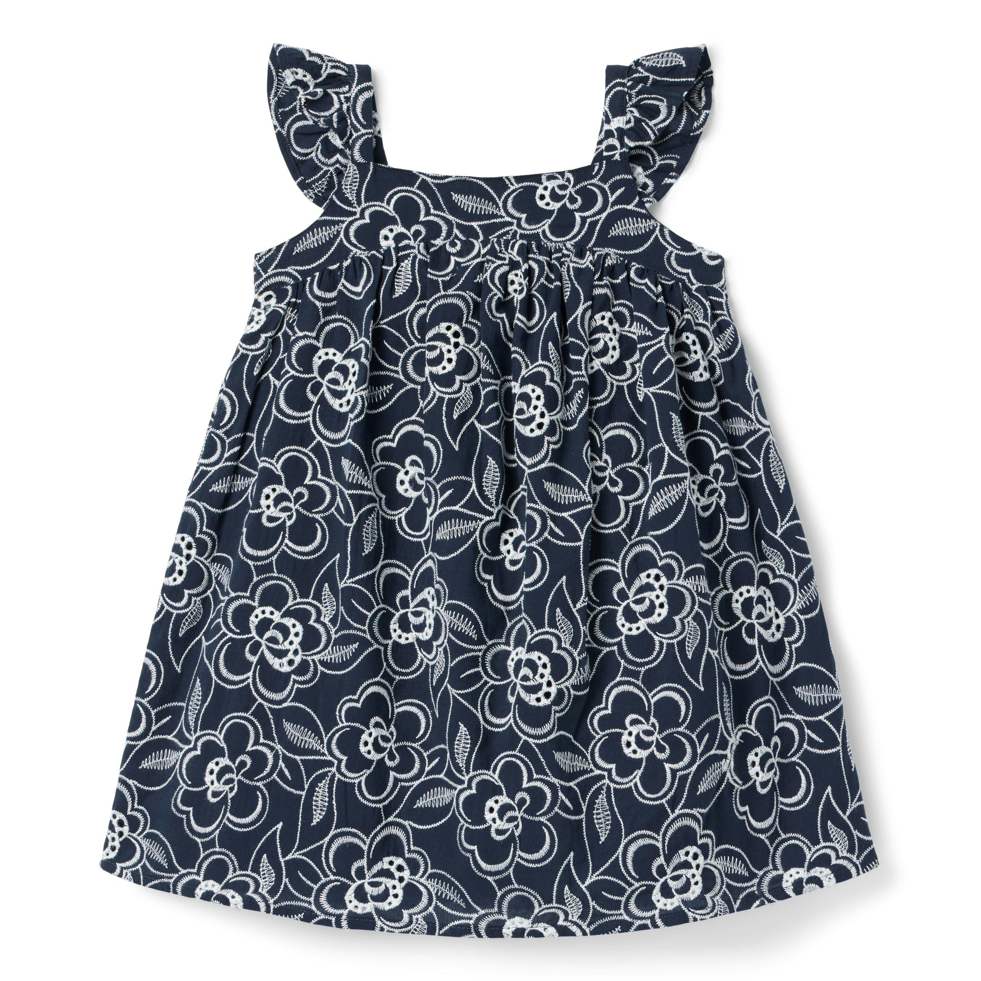 Embroidered Floral Flutter Sleeve Dress, navy blue