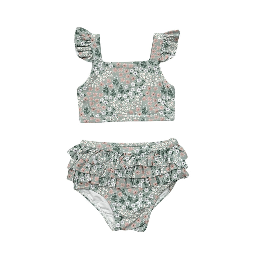 Girls Two-Piece Swimsuit in Aqua Grey Floral