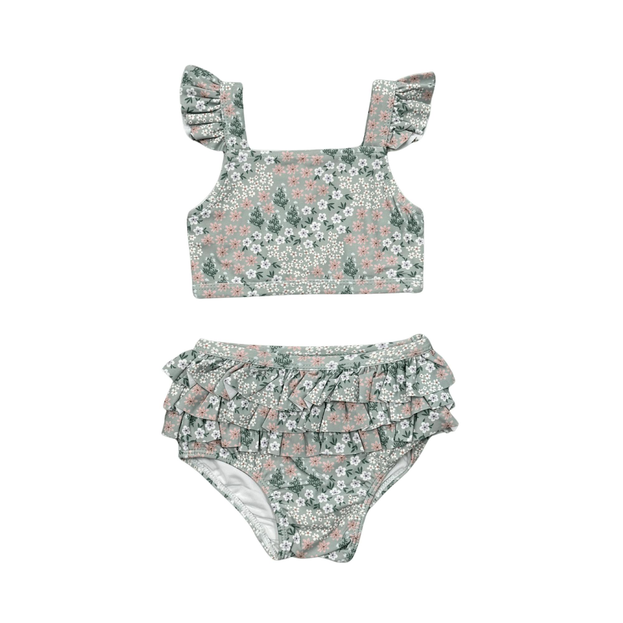Girls Two-Piece Swimsuit in Aqua Grey Floral